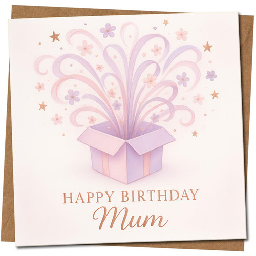Happy Birthday Mum Card - Pastel Gift Box and Floral Swirls Design - Mum Birthday Greeting Card - Square 145mm x 145mm -, Includes Kraft Envelope