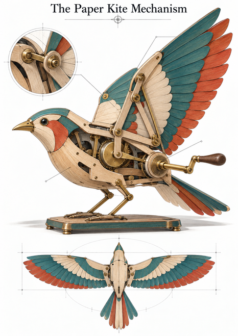 Articulated wooden-and-brass bird with raised colored wings, crank, joint inset and top-view wing-span diagram.
