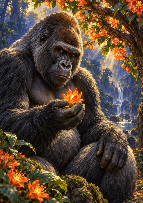 A seated gorilla looks down at a glowing orange blossom in a flowering forest grove, with a waterfall in the background.