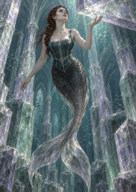 A mermaid with a dark scaled tail and broad fin reaches toward a large crystal among tall luminous columns.