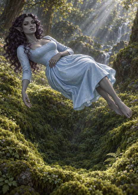 A dark-haired, pointed-eared woman in a pale flowing dress floats above a lush forest ravine crossed by warm sunbeams.