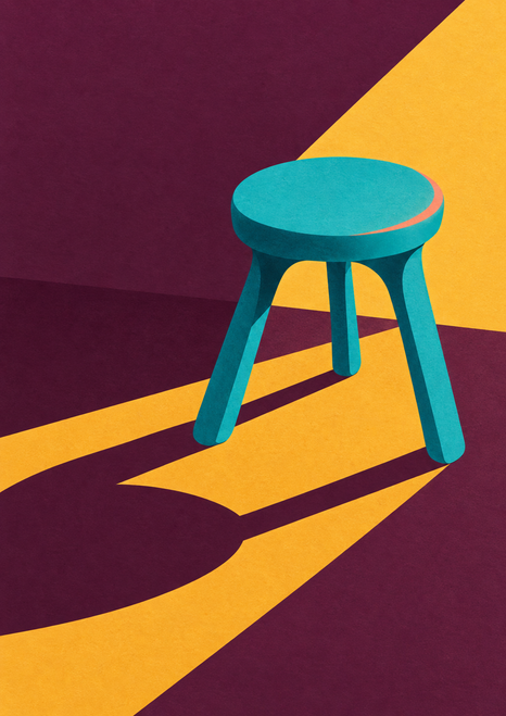 Turquoise three-legged stool with a coral seat accent against angular golden shapes and a deep plum background.