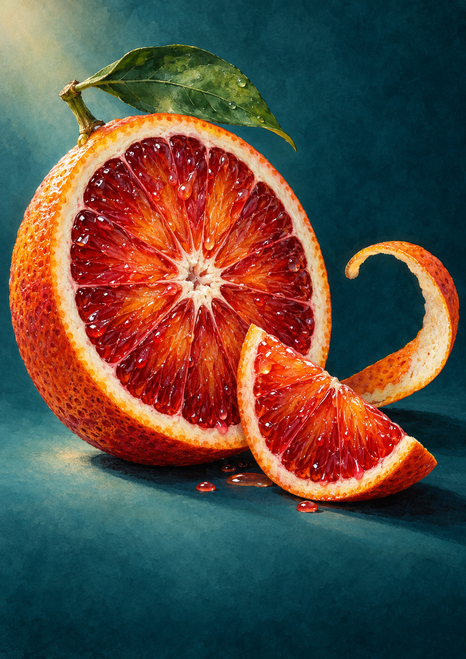 Large ruby-orange blood orange cut cross-section with a green leaf, leaning wedge, and curling peel on a dark teal ground.