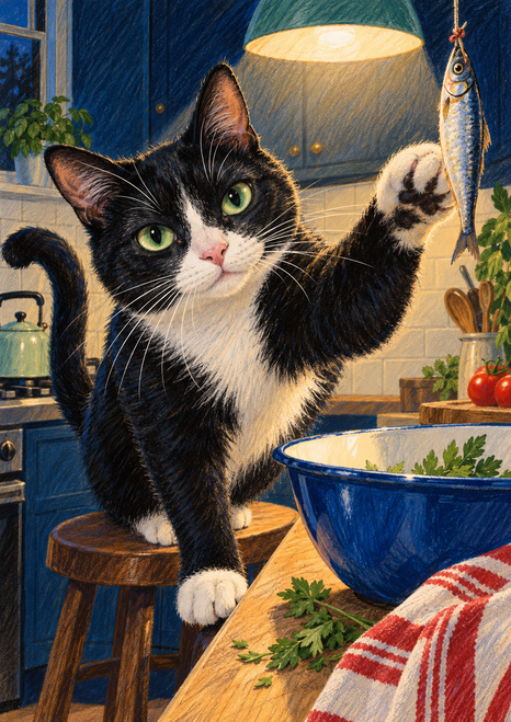 Black-and-white tuxedo cat on a wooden stool reaching toward a hanging sardine in a warm kitchen.