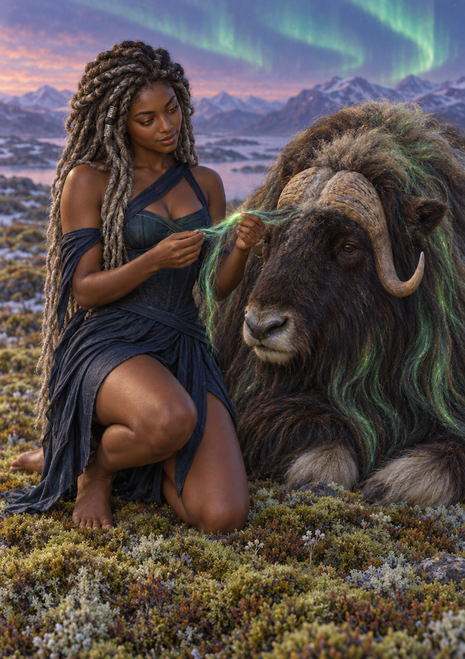 A woman tends luminous green strands in a shaggy horned bovine's coat beneath an aurora over a mountain tundra.