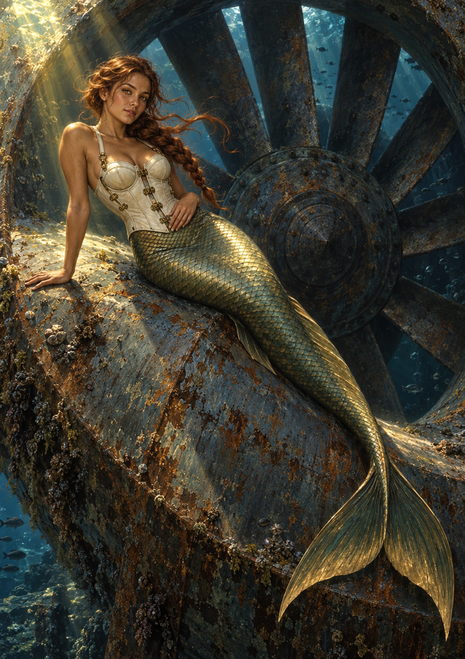 A red-haired mermaid with a gold-scaled tail reclines on a rusted circular mechanism underwater.