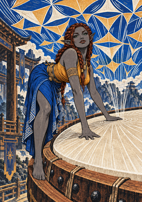 A gray-skinned, pointed-eared woman with reddish braids touches a large patterned circular drum in a timber-and-stone city.