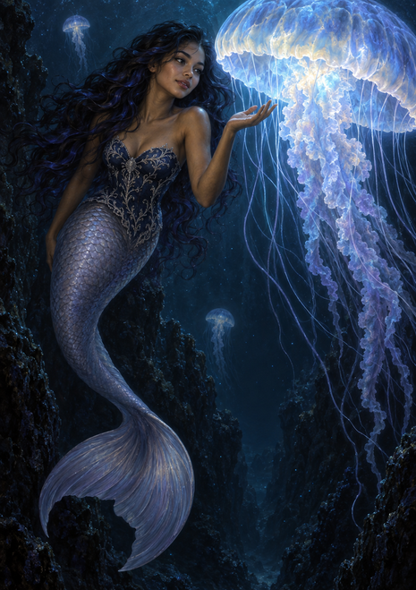 Long-haired mermaid with a scaled tail floats beside a large glowing jellyfish in a dark underwater cavern.