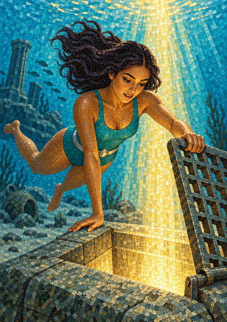Woman in a teal swimsuit reaches toward a metal ladder in a tiled underwater scene with fish and golden sunlight.