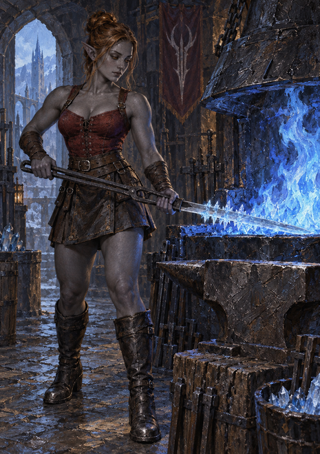 Gray-skinned, pointed-eared woman blacksmith holds tongs gripping a blue-glowing blade in a stone workshop.