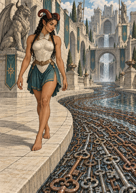 Horned woman in a cream bodice and teal skirt beside a key-filled stream, with a winged statue and ornate city beyond.