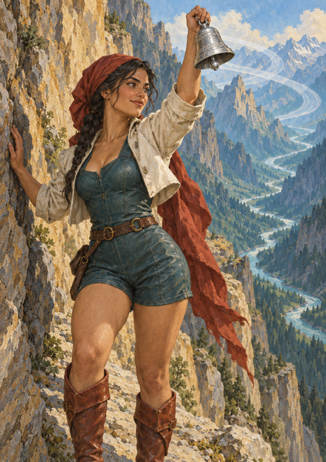 Woman in a rust-red headscarf and teal outfit raises a handbell on a rocky mountain path above a deep valley.