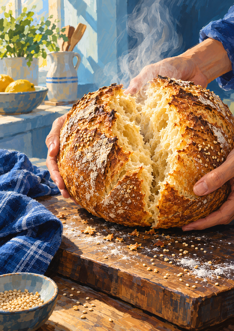 Two hands open a steaming seeded country loaf on a wooden board beside a blue tea towel in a sunlit kitchen.