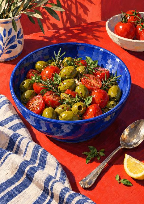 Cobalt bowl filled with green olives, red tomatoes, and herbs on a red-orange table with striped cloth, lemon, and spoon.