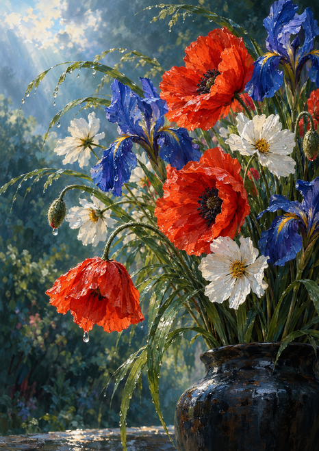 Rain-beaded bouquet of red poppies, blue irises, white cosmos, and grasses in a dark vessel against a softly lit garden.