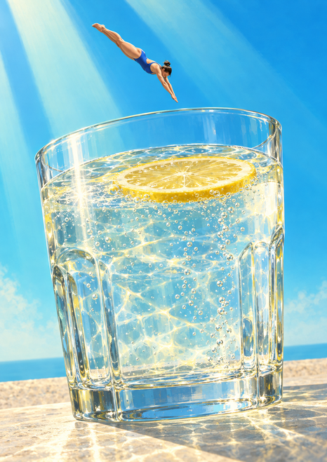 A swimmer in a cobalt-blue swimsuit dives toward a floating lemon wheel above sparkling water in an oversized glass against a bright blue background.