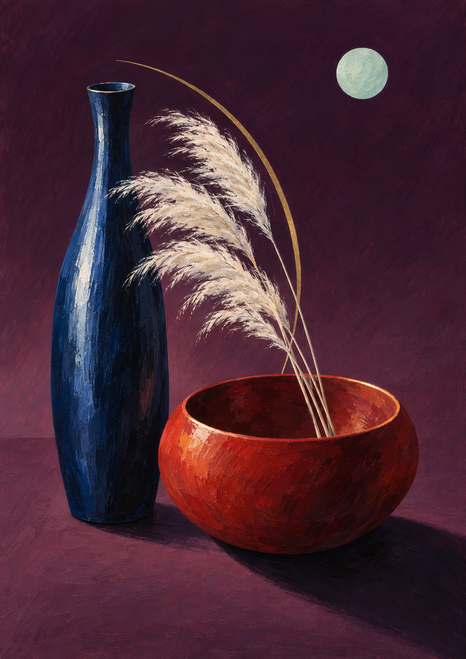 Tall dark-blue vase beside a vermilion bowl with pale reed plumes, curved gold line, and mint disc against a plum background.
