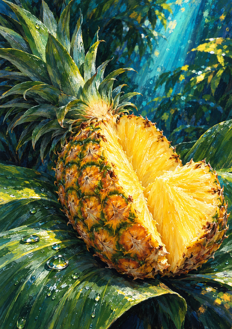 A split golden pineapple with its crown sweeping upward-left rests on rain-beaded tropical leaves beneath turquoise light.