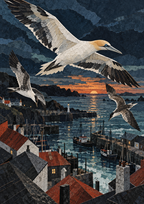Three pale seabirds fly over clustered harbor rooftops, boats, and masts, with a small orange sun near the waterline.