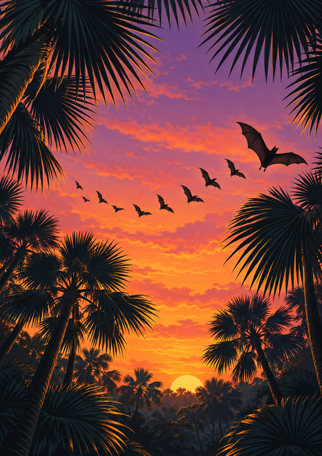 Silhouetted bats fly across an orange and violet sunset framed by palm fronds, with one larger bat near the upper right.