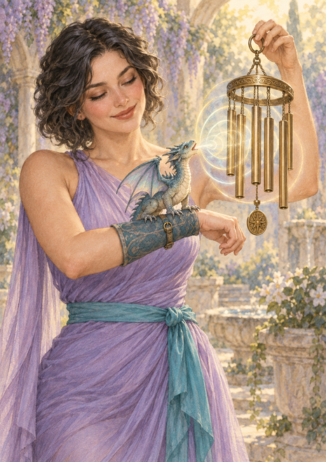 A woman in a lavender dress holds a hanging chime while a small blue-gray winged dragon perches on her forearm beneath flowering arches.
