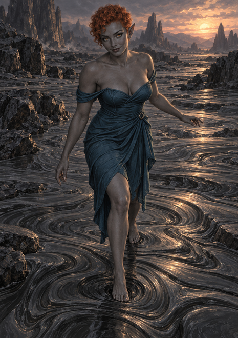 Gray-skinned pointed-eared woman in a blue-gray dress walking barefoot across swirling ground toward rocks and a sunset.