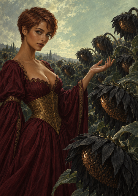 Woman in a burgundy gown and gold corset reaches toward black sunflowers with glowing amber centers on a wooded hillside.