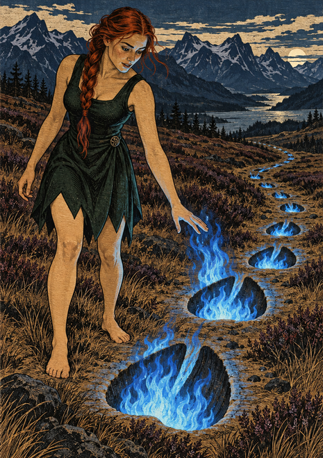 Barefoot red-haired witch reaches toward a trail of blue flame-like lights in a rugged mountain landscape.