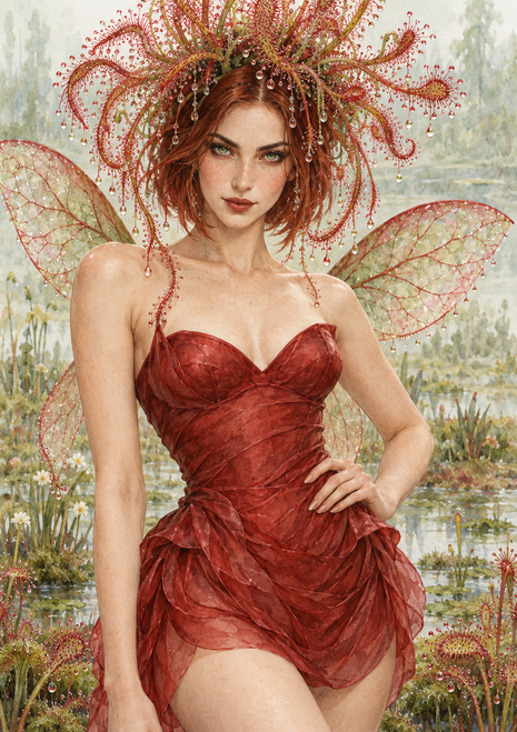 A red-haired fairy in a crimson dress stands in a wetland with translucent wings and a droplet-tipped plantlike crown.