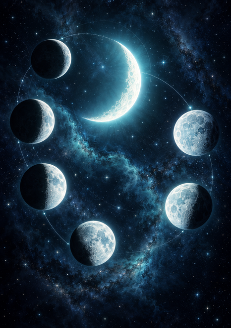 Bright crescent with six cratered moon forms and a faint circular orbit against a deep navy star field.