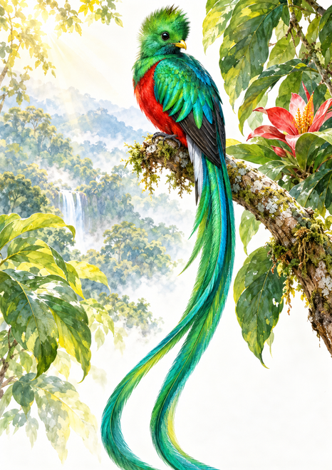 A green and turquoise long-tailed bird with a scarlet breast and yellow bill perches on a mossy branch among tropical foliage, with a waterfall in the distance.