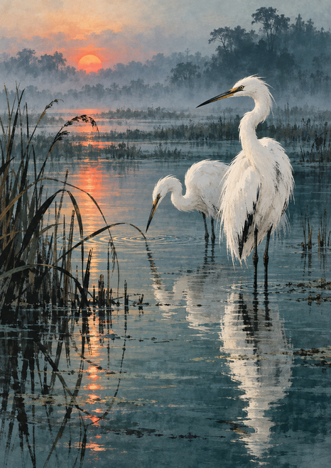 Two white herons stand in a misty marsh at dawn, one upright and one bending toward the water, among reeds and reflections.