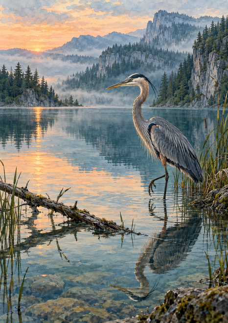 Great blue heron stands in shallow water beside reeds and a fallen branch, reflected beneath misty forested cliffs at dawn.