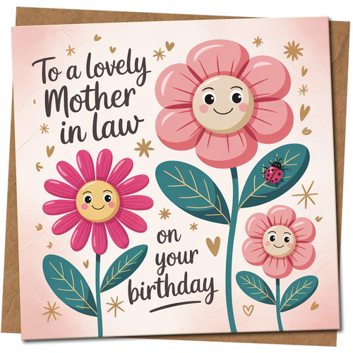 Mother-in-law Birthday Card - Cute Floral Square, 145mm x 145mm Square, Includes Kraft Envelope