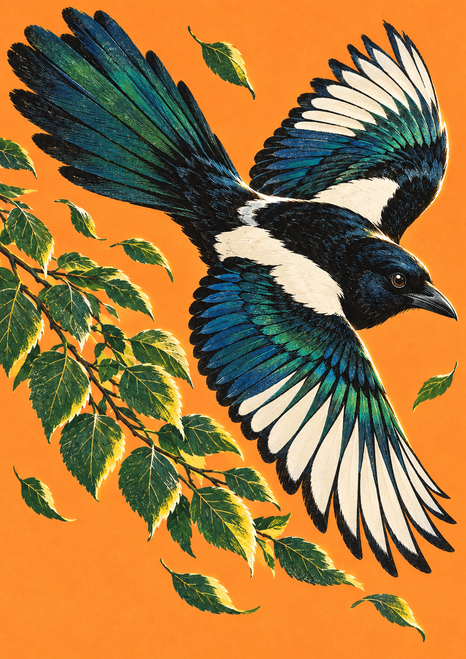 Black-and-white magpie-like bird with blue-green flight feathers banking among green leaves against a vivid orange background.