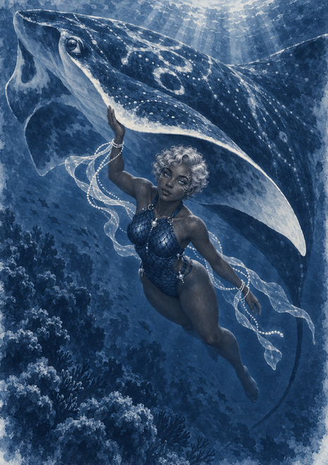 A silver-haired woman floats beneath a huge spotted whale-like creature above a textured underwater reef.