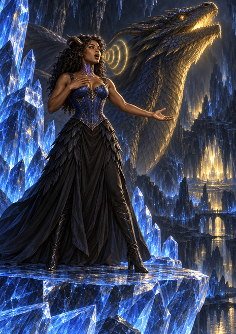 A woman in a blue-and-black gown calls toward a gold-scaled dragon-like creature in a glowing crystal cavern.
