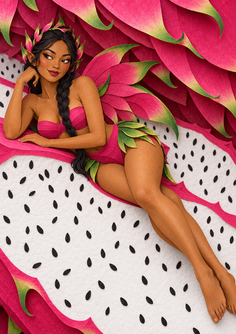 Dark-haired woman with leafy adornments reclines on a white, black-seeded surface beneath oversized pink forms edged in green.