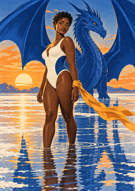 A woman in a white swimsuit stands in reflective sunset water beside a large blue winged dragon, with distant mountains behind them.