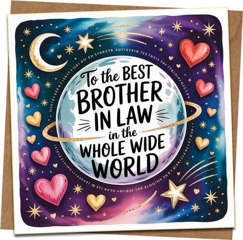 Best Brother-in-Law Greeting Card - Whole Wide World Space Design with Moon, Stars & Hearts - 145mm Square with Kraft Envelope - Birthday, Celebration, Any Occasion