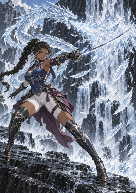 Anime-style woman in blue armor extends a sword before a large crystalline ice dragon and jagged frozen cliffs.