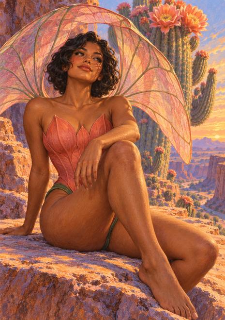 Barefoot woman with translucent veined pink wings sits on a rocky desert ledge among tall flowering cacti.