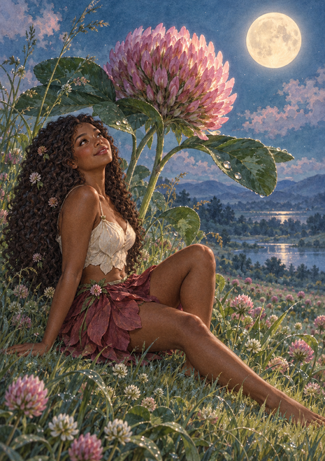 Fantasy woman with flower-adorned dark curls sits among clover-like blossoms beneath a full moon, beside an oversized pink flower and river.