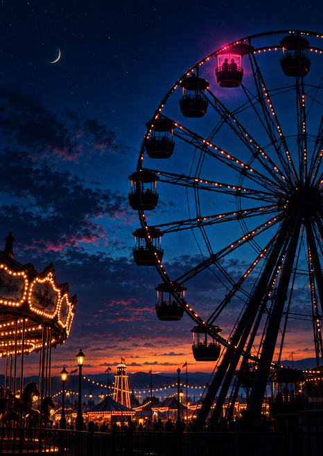 Large silhouetted Ferris wheel with a pink-lit upper gondola above a glowing nighttime fairground and partially visible carousel.