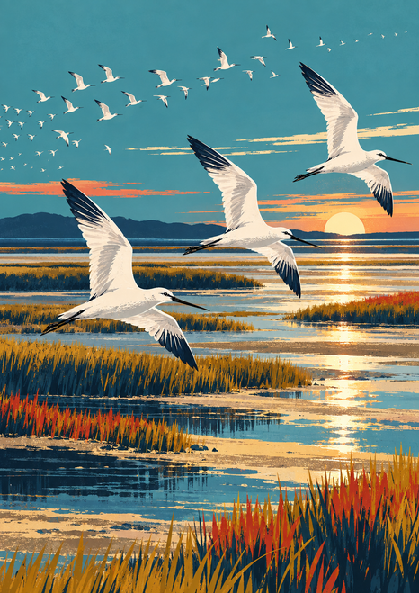 Three large white shorebirds fly low over reflective tidal flats as a flock recedes above layered marsh banks at sunset.