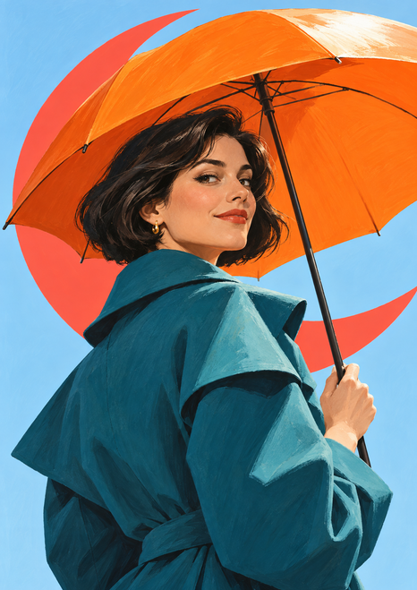 Illustration of a woman in a teal coat turning beneath a large orange umbrella against a pale blue background with a coral crescent.