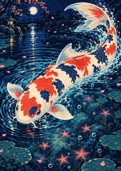 Ivory koi with vermilion and indigo markings curves through a midnight pond amid blossoms, lily pads, ripples, a moon, and lantern.