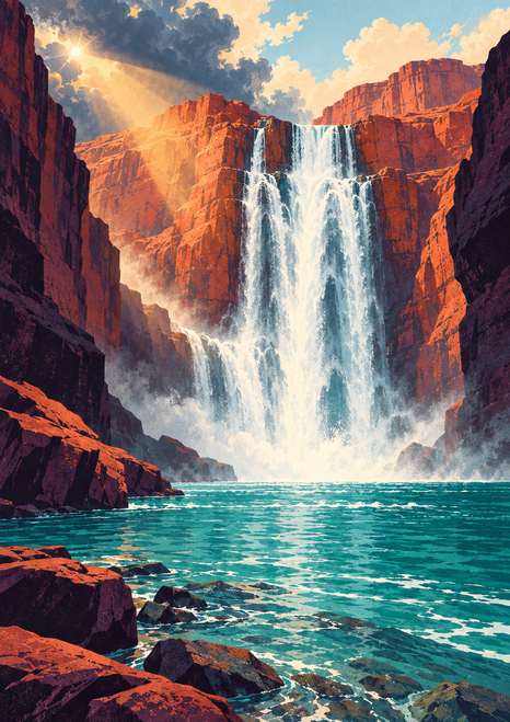 Tall white waterfall plunging into a turquoise pool between red-rock canyon walls beneath clouds and a bright opening in the sky.