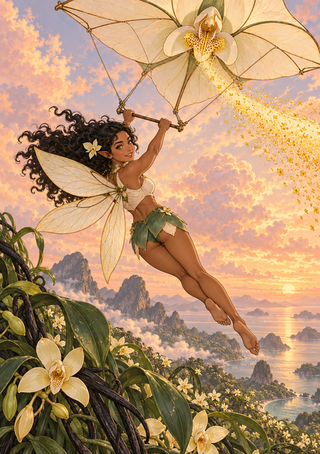 Winged woman flying beneath a large orchid-shaped parasail over a tropical coastline at sunset, with orchids in the foreground.