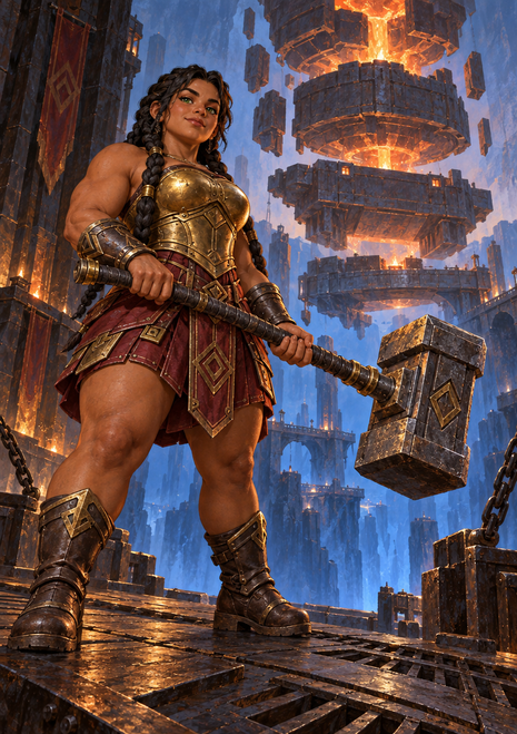 Braided woman in gold armor grips a huge square-headed hammer before floating, fire-lit forge platforms.